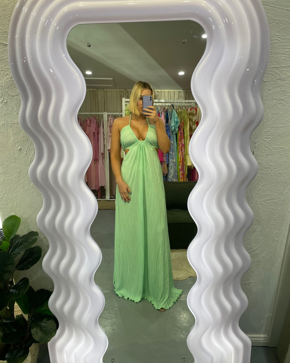 BUY: Love Shack Fancy Julissa Pliss-satin Halterneck Maxi Dress In Mu   WMIYHire