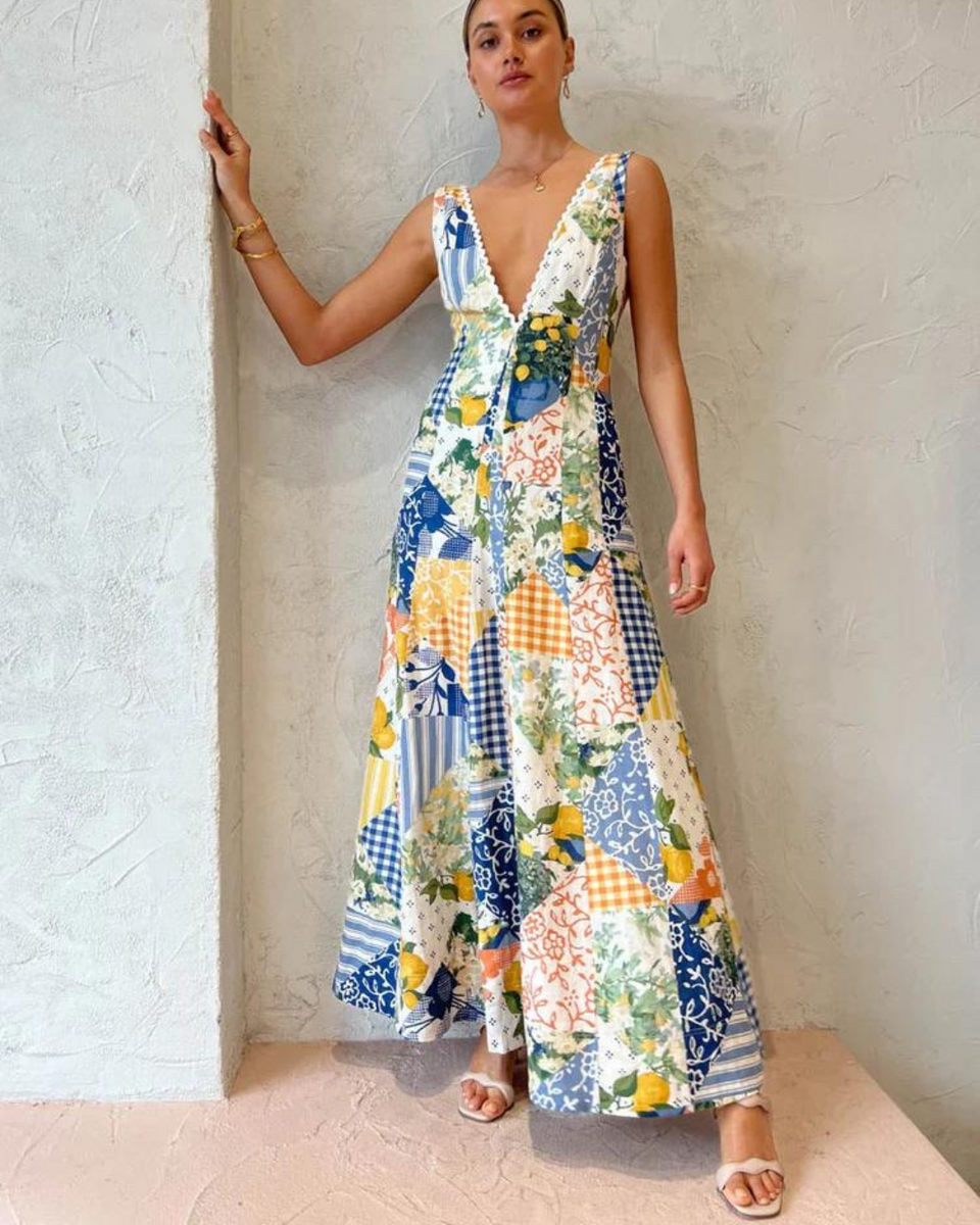 By Nicola Wavy Maxi Dress in Lemon Patchwork – WMIYHire