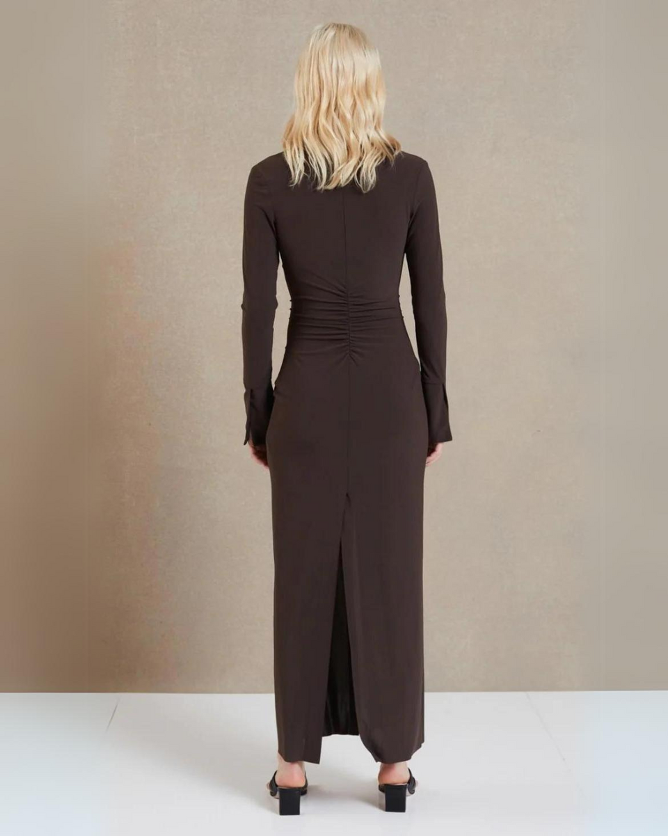 bec and bridge brown long sleeve dress JUNIPER LONG SLEEVE MAXI DRESS - DARK CHOCOLATE