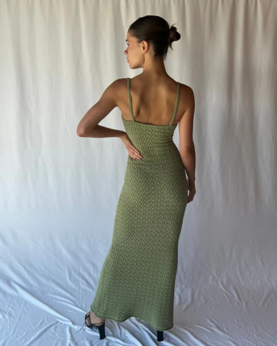 fitted lace wedding dress Bec & Bridge Effie Knit Key Maxi Dress Green – WMIYHire