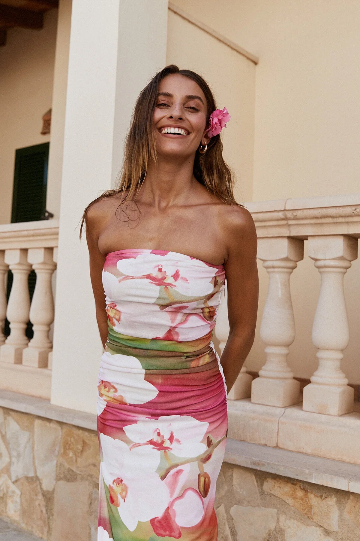 Perfect Stranger Dominique Elissa Orchid Oasis Strapless Maxi