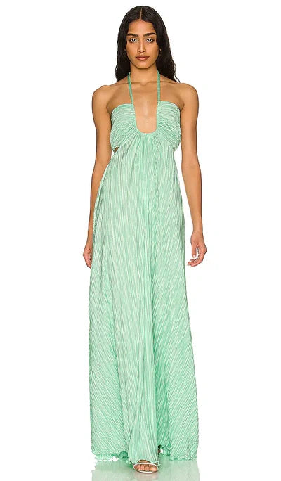 BUY: Love Shack Fancy Julissa Plissé-satin Halterneck Maxi Dress In Mu –  WMIYHire