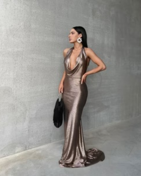 Dress Hire Adelaide, Dress Hire Australia, Dress Rental Adelaide, Dress Rental Australia, Formal Gown Hire, Dress Hire Melbourne, Dress Hire Sydney, Bronze Dress Hire, Melani Hire, Melani Maria Cowl Gown in Bronze Gold Foil