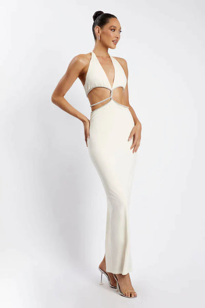 BUY: Meshki Nicha Diamonte Cut Out Dress in Bone