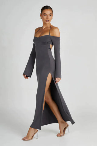 BUY Meshki Slinky Off Shoulder Maxi Dress in Charcoal