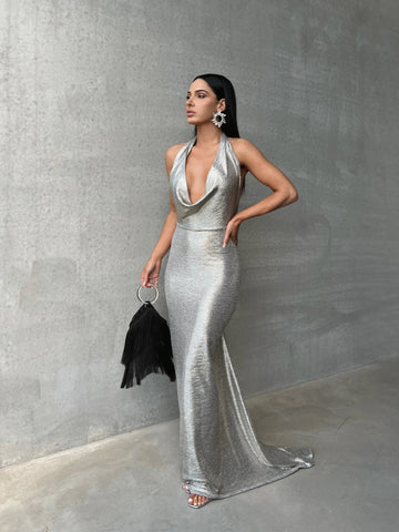 Melani Maria Cowl Gown in Moonlight Silver Foil
