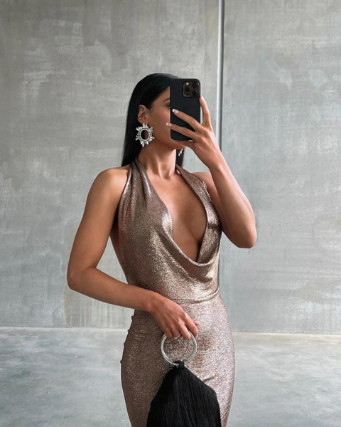 Dress Hire Adelaide, Dress Hire Australia, Dress Rental Adelaide, Dress Rental Australia, Formal Gown Hire, Dress Hire Melbourne, Dress Hire Sydney, Bronze Dress Hire, Melani Hire, Melani Maria Cowl Gown in Bronze Gold Foil