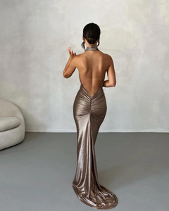 Dress Hire Adelaide, Dress Hire Australia, Dress Rental Adelaide, Dress Rental Australia, Formal Gown Hire, Dress Hire Melbourne, Dress Hire Sydney, Bronze Dress Hire, Melani Hire, Melani Maria Cowl Gown in Bronze Gold Foil