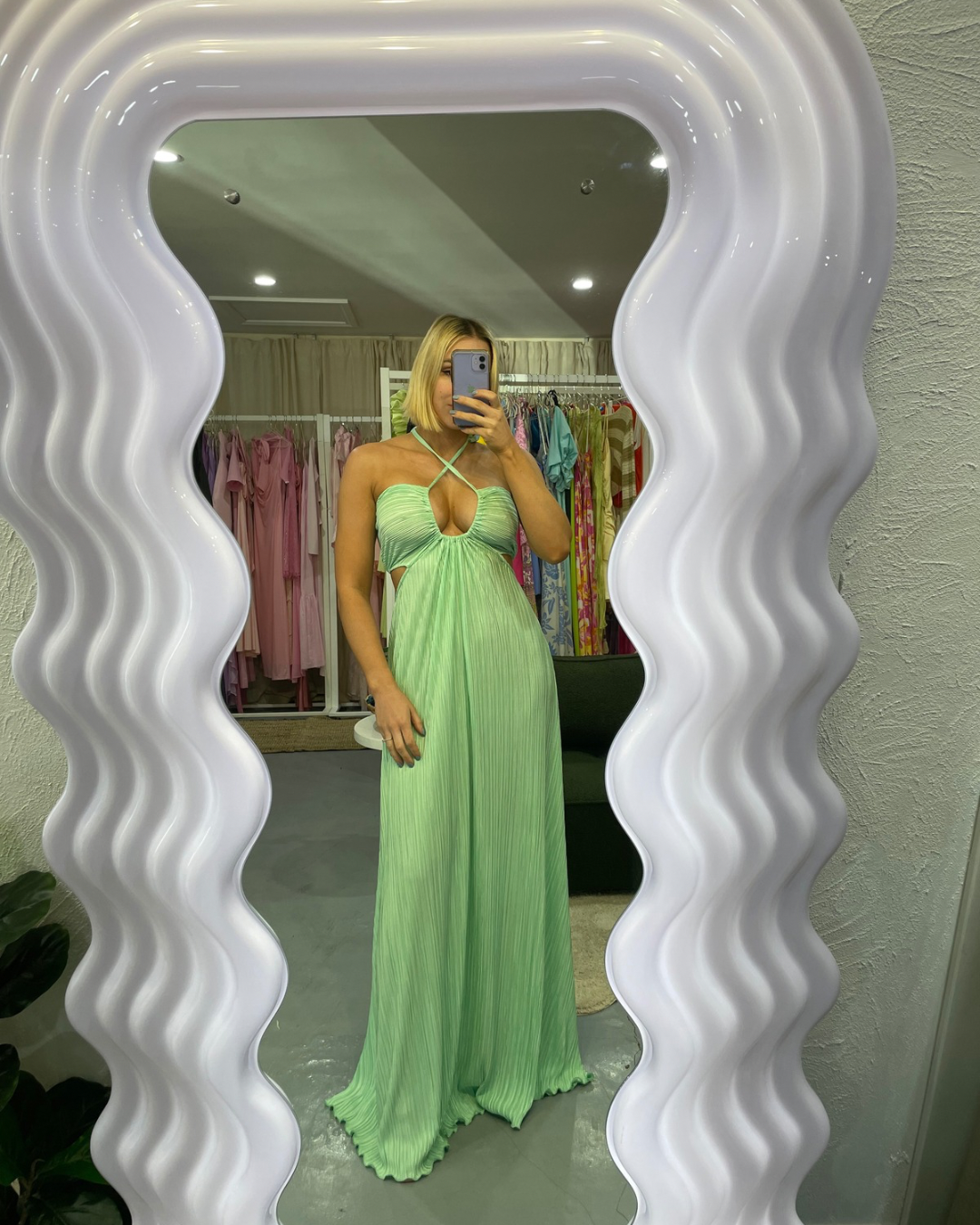 BUY: Love Shack Fancy Julissa Pliss-satin Halterneck Maxi Dress In Mu   WMIYHire