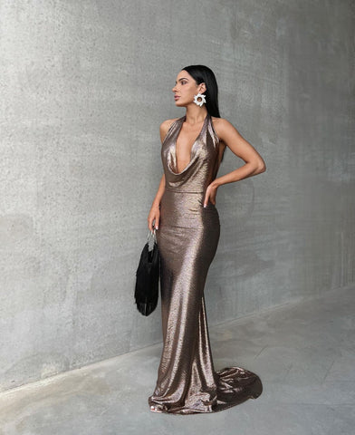 Melani Maria Cowl Gown in Bronze Gold Foil