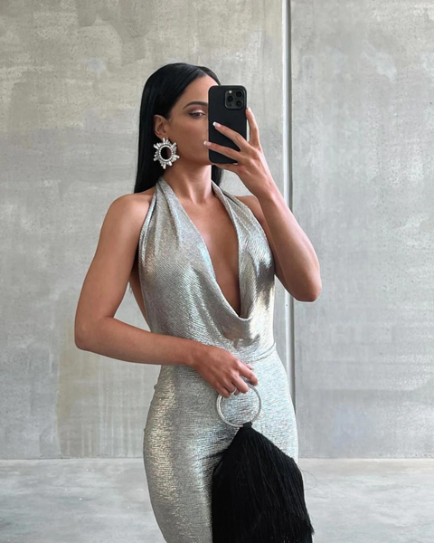 Dress Hire Adelaide, Dress Hire Australia, Dress Rental Adelaide, Dress Rental Australia, Formal Gown Hire, Dress Hire Melbourne, Dress Hire Sydney, Silver Dress Hire, Melani Hire, Melani Maria Cowl Gown in Moonlight Silver Foil