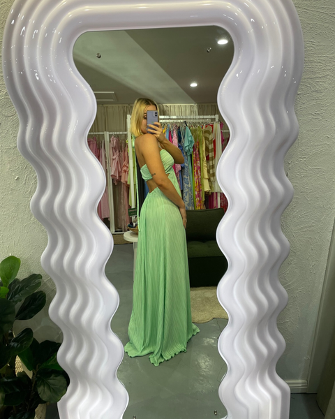 BUY: Love Shack Fancy Julissa Plissé-satin Halterneck Maxi Dress In Multi