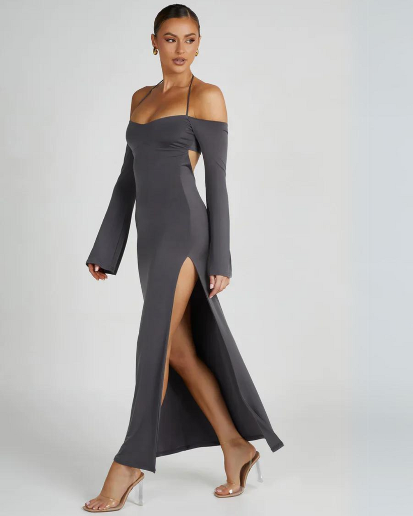 Meshki Slinky Off Shoulder Maxi Dress in Charcoal WMIYHire Meshki Slinky Off Shoulder Maxi Dress in Charcoal WMIYHire
