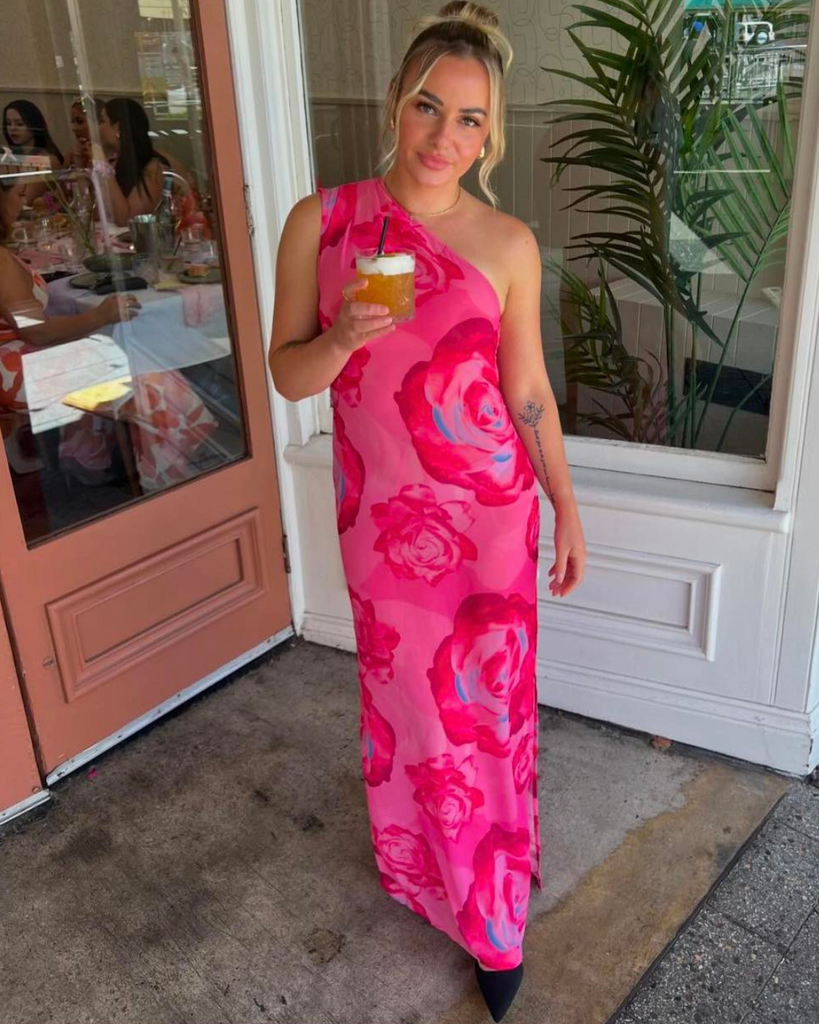 With Harper Lu One Shoulder Sheer Maxi in Pink Rose WMIYHire With Harper Lu One Shoulder Sheer Maxi in Pink Rose WMIYHire