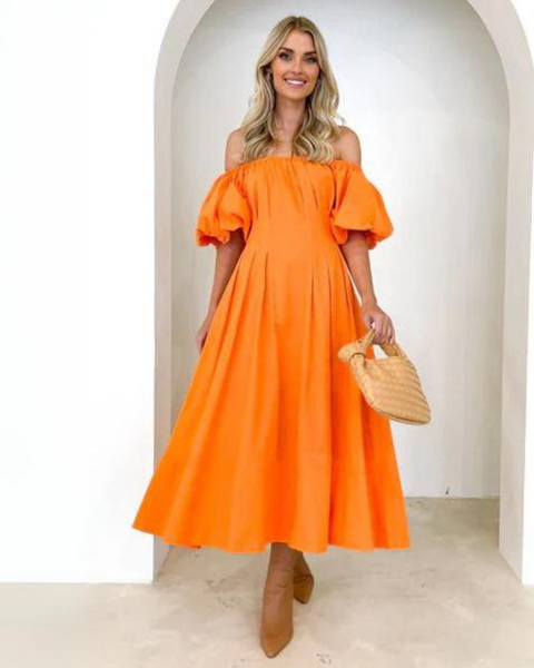 Gingham & Heels Lessey Off Shoulder Maxi Dress in Orange