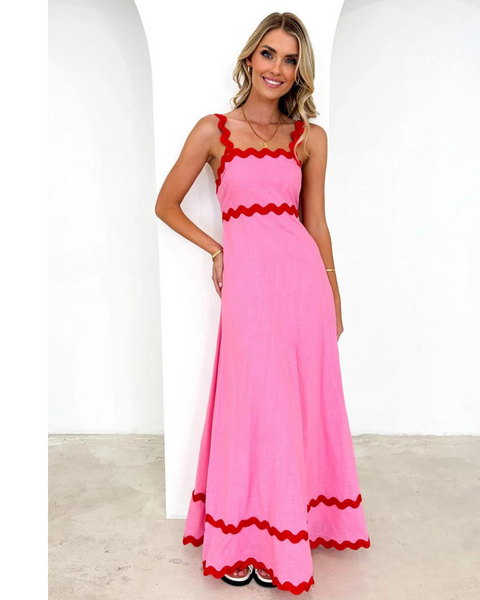 Gingham & Heels Vaina Linen Maxi Dress in Pink Wavy