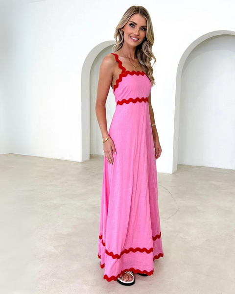 Gingham & Heels Vaina Linen Maxi Dress in Pink Wavy