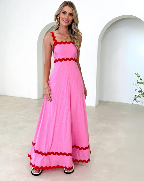 Gingham & Heels Vaina Linen Maxi Dress in Pink Wavy