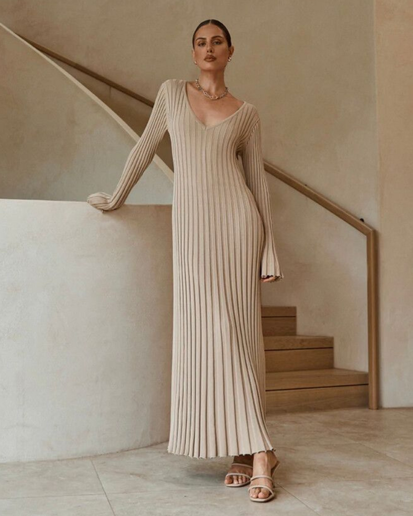 Dissh Reign Sleeved Knit Midi Dress Beige WMIYHire Dissh Reign Sleeved Knit Midi Dress Beige WMIYHire