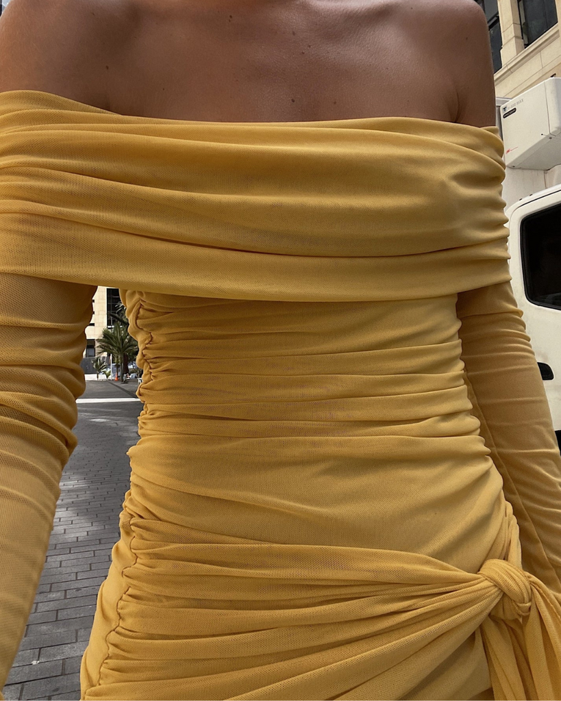 benni yellow dress Benni Yasmin Off-Shoulder Mini Dress Mustard – WMIYHire
