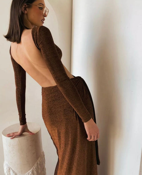 BUY: Meshki Christina Backless Maxi Wrap Gown Brown
