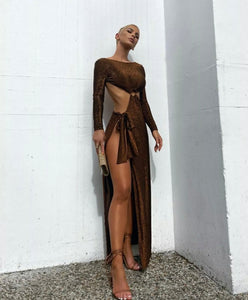 BUY: Meshki Christina Backless Maxi Wrap Gown Brown