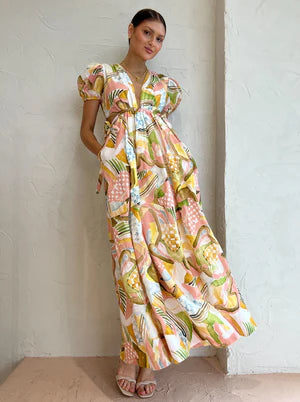 By Nicola Ahoy Plunge Neckline Maxi Dress in Swirl Check