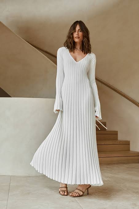 Dissh Reign Sleeved Knit Midi Dress White
