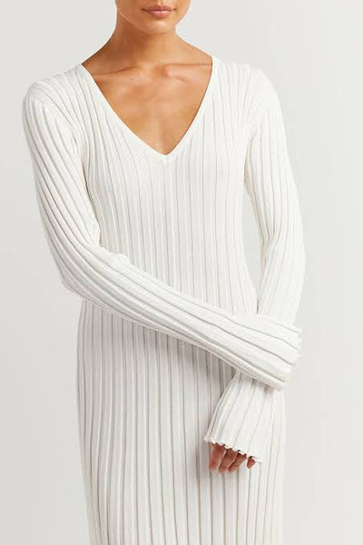 Dissh Reign Sleeved Knit Midi Dress White