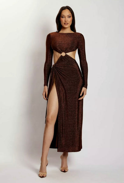 Meshki Christina Backless Maxi Wrap Gown Brown